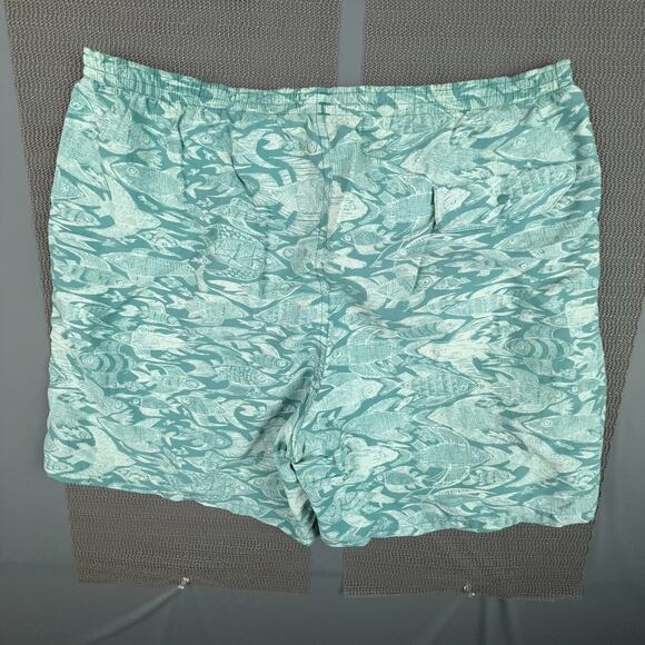 Patagonia Fish Print Swim Trunks Green Blue | Size L | Drawstring Board Shorts - Picture 2 of 7